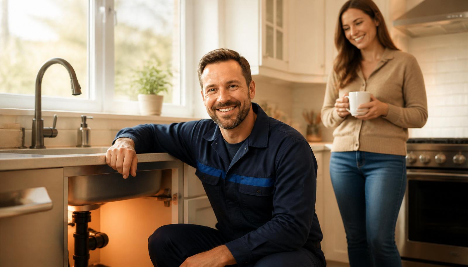 Friendly Lud's Plumbing plumber with a happy homeowner in a bright kitchen